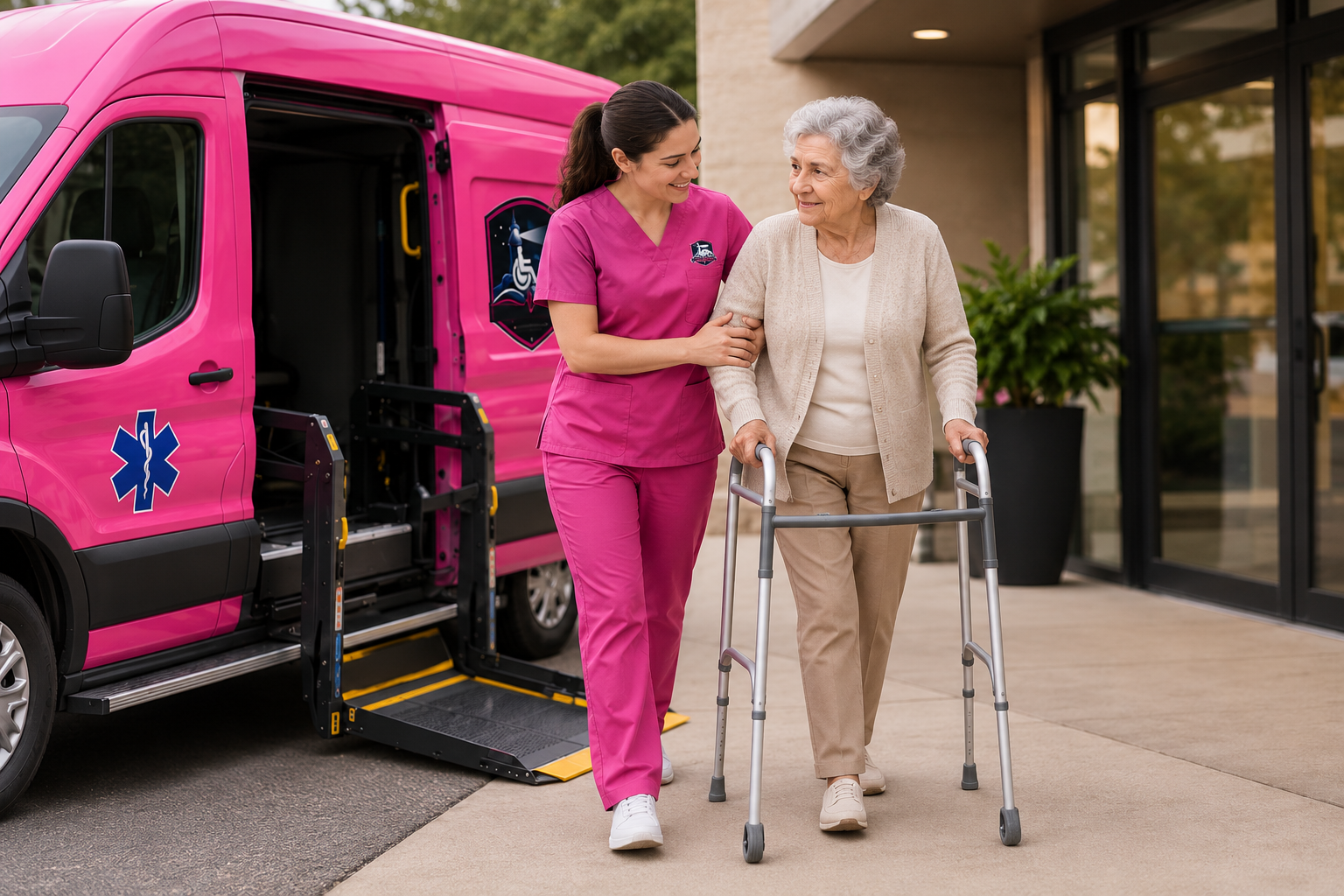 A passenger being escorted to an appointment
