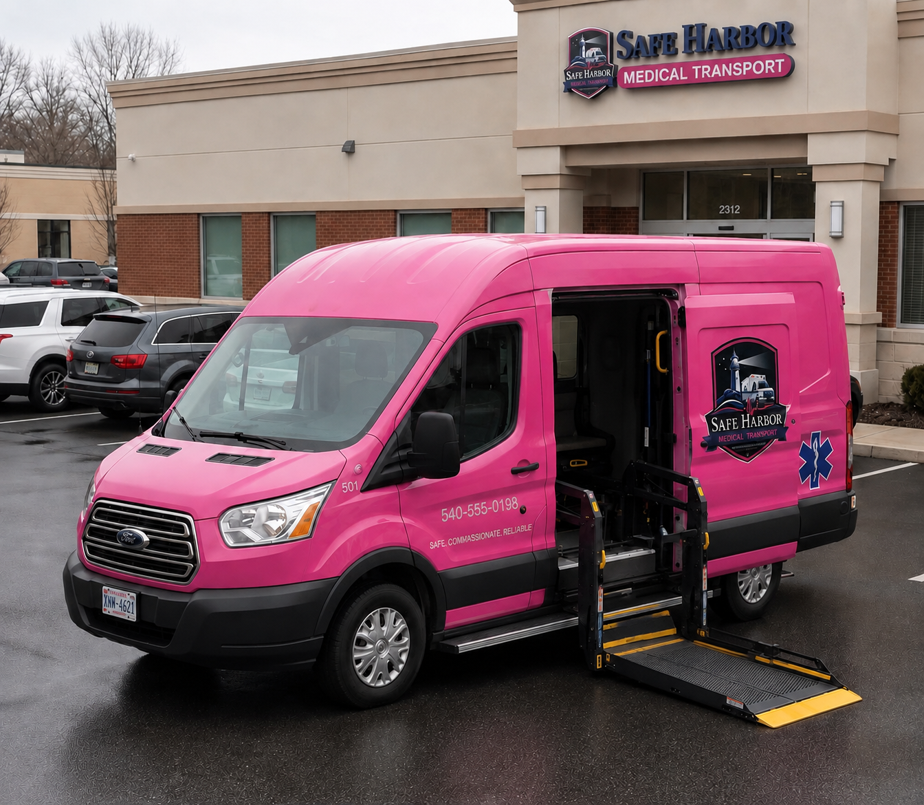 A Safe Harbor wheelchair-accessible van with the hydraulic lift lowered and a passenger boarding